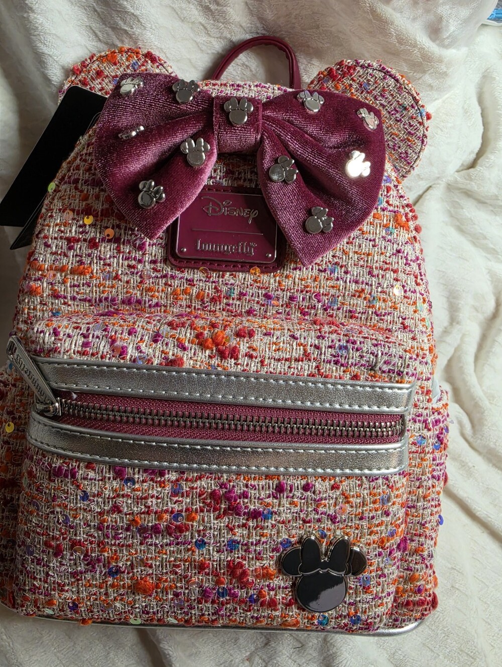 Loungefly Disney Raspberry Minnie Mouse Bow Tweed Sparkle Bag/Backpack NEW